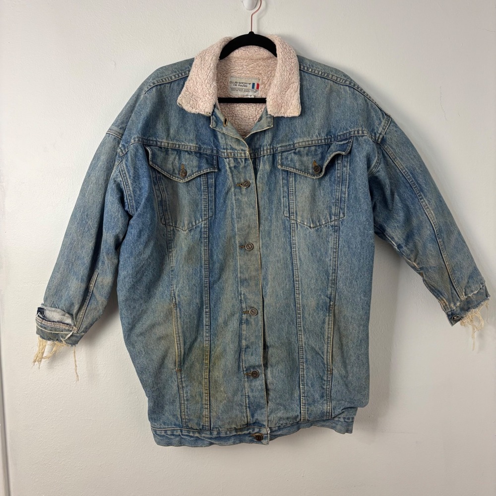 ViTG Club Sportif de Paris Sherpa Lined Denim Jacket Longline Thrashed Womens M